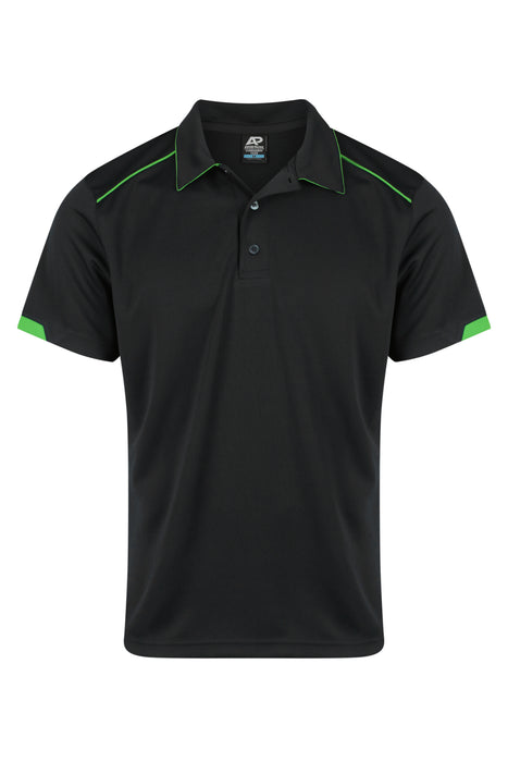 CURRUMBIN MENS POLOS - BLACK/KAWA GREEN