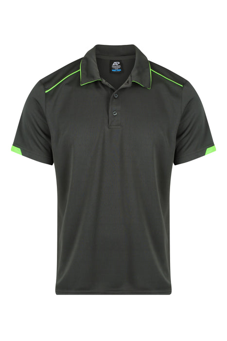 CURRUMBIN MENS POLOS - SLATE/HI VIZ GREEN